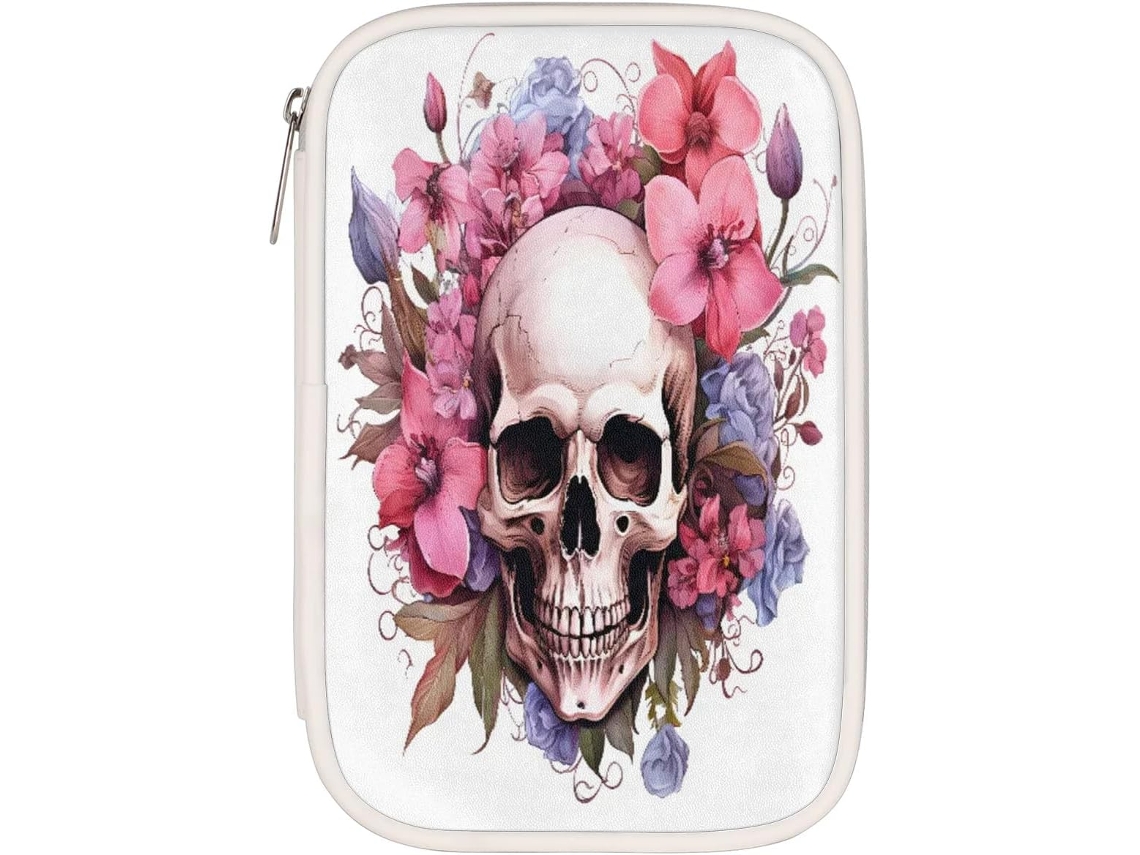 Estojo para lápis com estampa Caveira e Flor, organizador de material escolar, estojo com compartimentos, porta-lápis