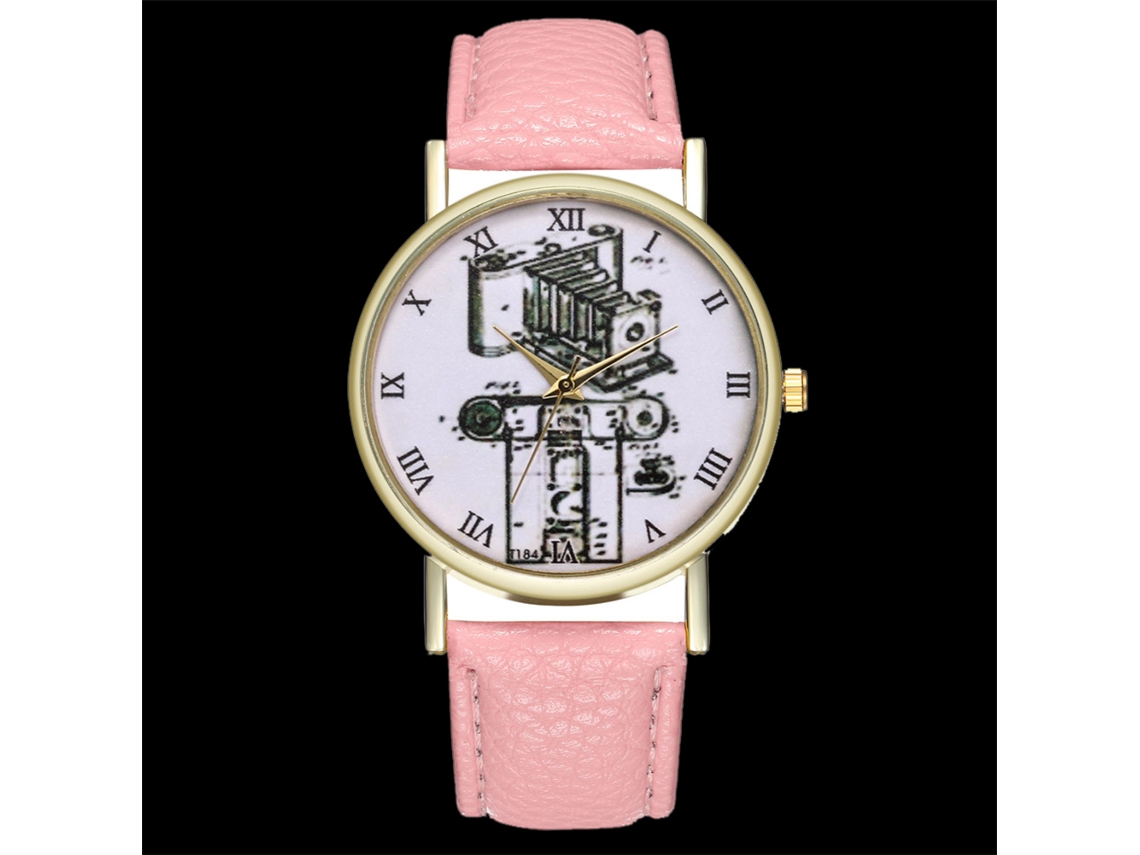 Relógio de pulso feminino Zhoulianfa T303-a em couro com mecanismo de quartzo e câmera rosa.