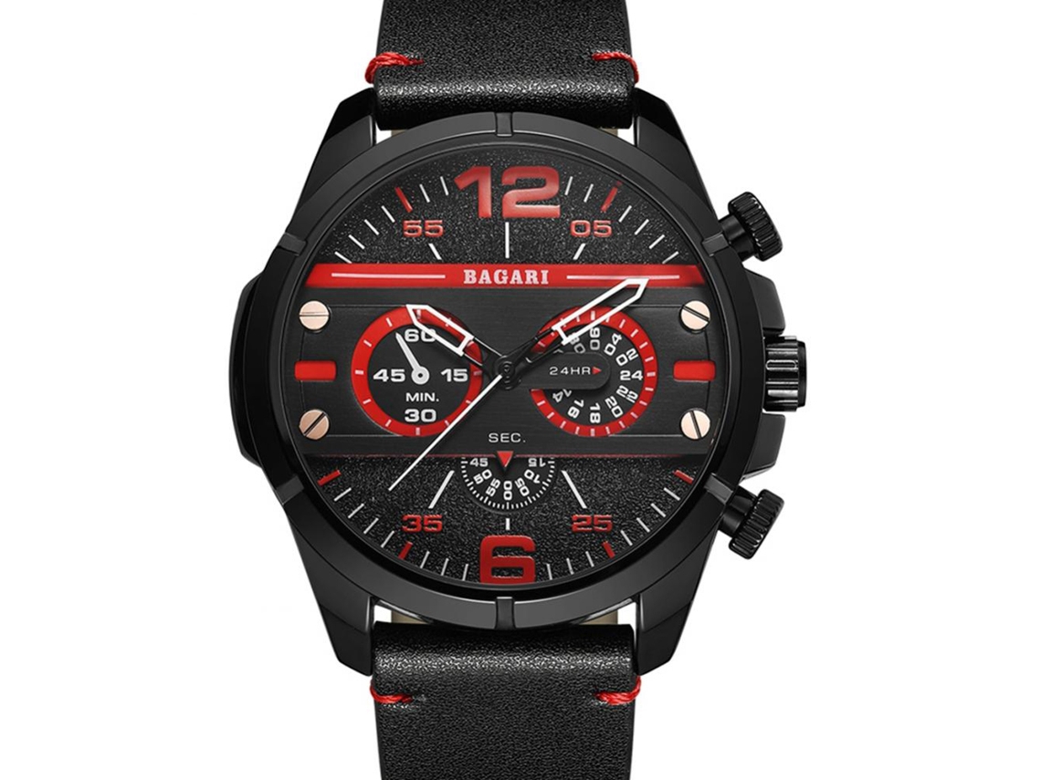 Relógio esportivo masculino Bagari Quartz com pulseira de couro PU (preto/vermelho)