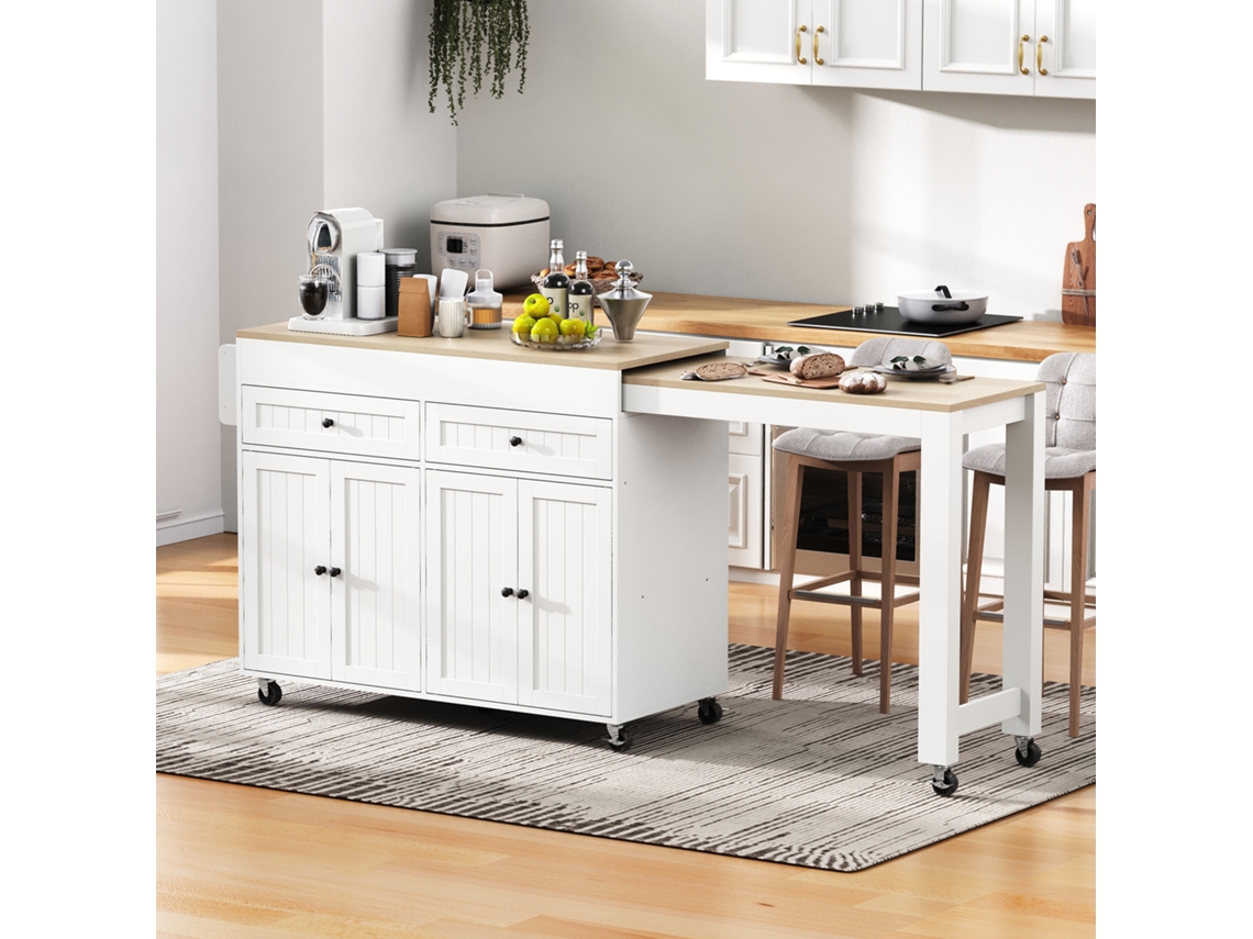 Ilha Central Com Gavetas E Rodas Em Mdf Branco E Natural