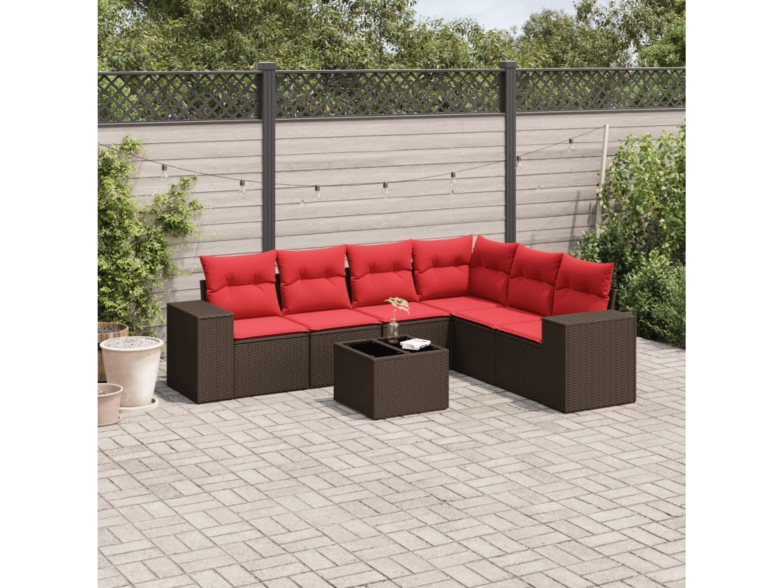 Vidaxl Conjunto De Sofá De Jardim Com 7 Peças E Almofadas Em Rattan Sintético Marrom