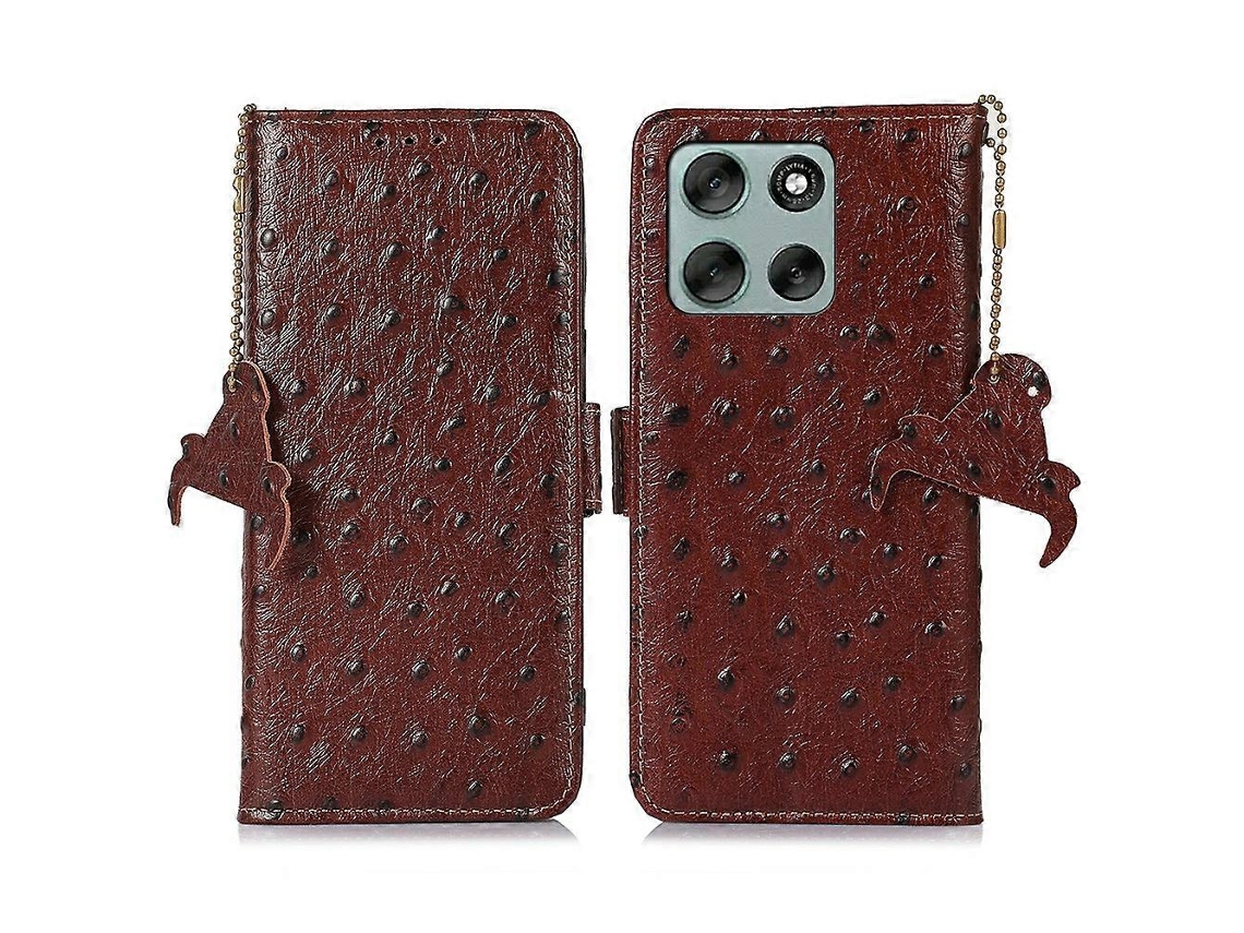 Capa Tkdaddy Para Motorola Moto G56 5g Com Bloqueio Rfid Em Couro Bovino Legítimo Com Textura De Avestruz E Café