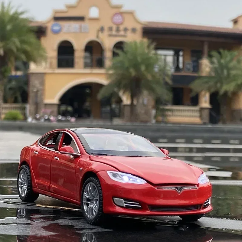 (vermelho) Miniatura De Carro Tesla Model S Em Escala 1:32, Feita De Metal, Com Efeitos Sonoros E Luminosos.