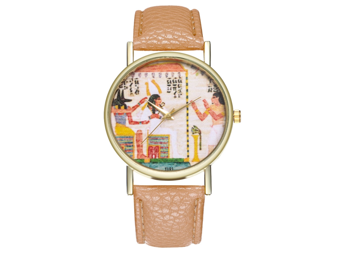 Relógio de pulso de quartzo com mostrador vintage e pulseira de couro para mulheres e homens (bege)