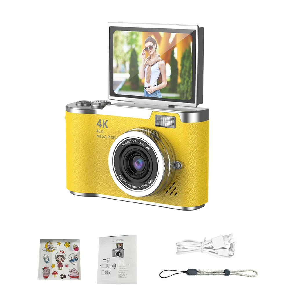 Câmera Digital 4k 48 Mp Câmera Infantil Foco Automático Tela de 2,4 Polegadas Giratória em 180° MDUG (amarelo 64 Gb)