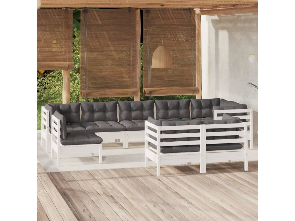 Vidaxl 9 Pcs Conj. Lounge De Jardim C/ Almofadões Pinho Maciço Branco