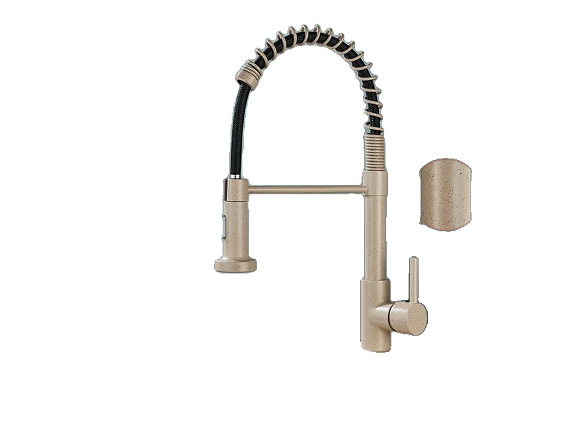 Torneira De Cozinha, Acabamento Em Níquel Escovado, Pulverizador Pull Down, Bege Com Pontos