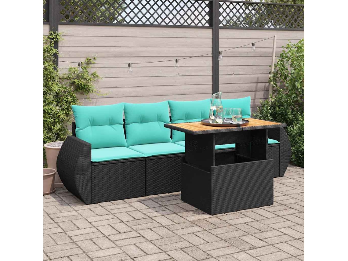 Vidaxl 5 Pcs Conjunto Sofás De Jardim Com Almofadões Vime Pe Preto