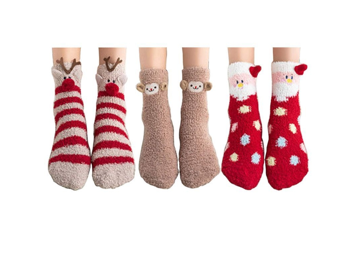 Meias de Natal femininas Rebe, 3 pares, meias de inverno quentinhas com estampas de renas e flocos de neve.