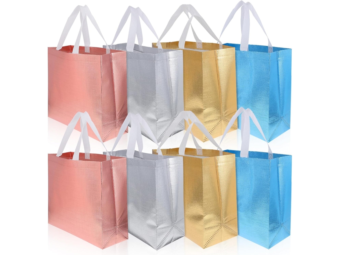 Conjunto de 8 Sacolas Reutilizáveis com Alças, Resistentes e Leves, nas Cores Dourado, Prateado, CHABERLU