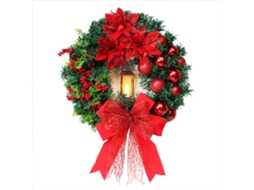 Coroa de Natal com Lanterna de Vento Laço Flor Vermelha Enfeite de Porta Da Frente para Decoração de Festa Janela