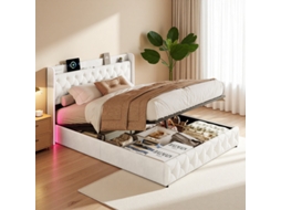 Cama De Casal 140x200 Em Veludo Bege Com Box Baú, Luz Led Rvb, Usb, Flutuante, Luxo Francês, Ideal Pequeno Apartamento