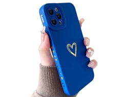 2026 capa Liquid Silicone para Iphone 13 Pro Max com Padrão de Coração Dourado para Mulheres (azul)