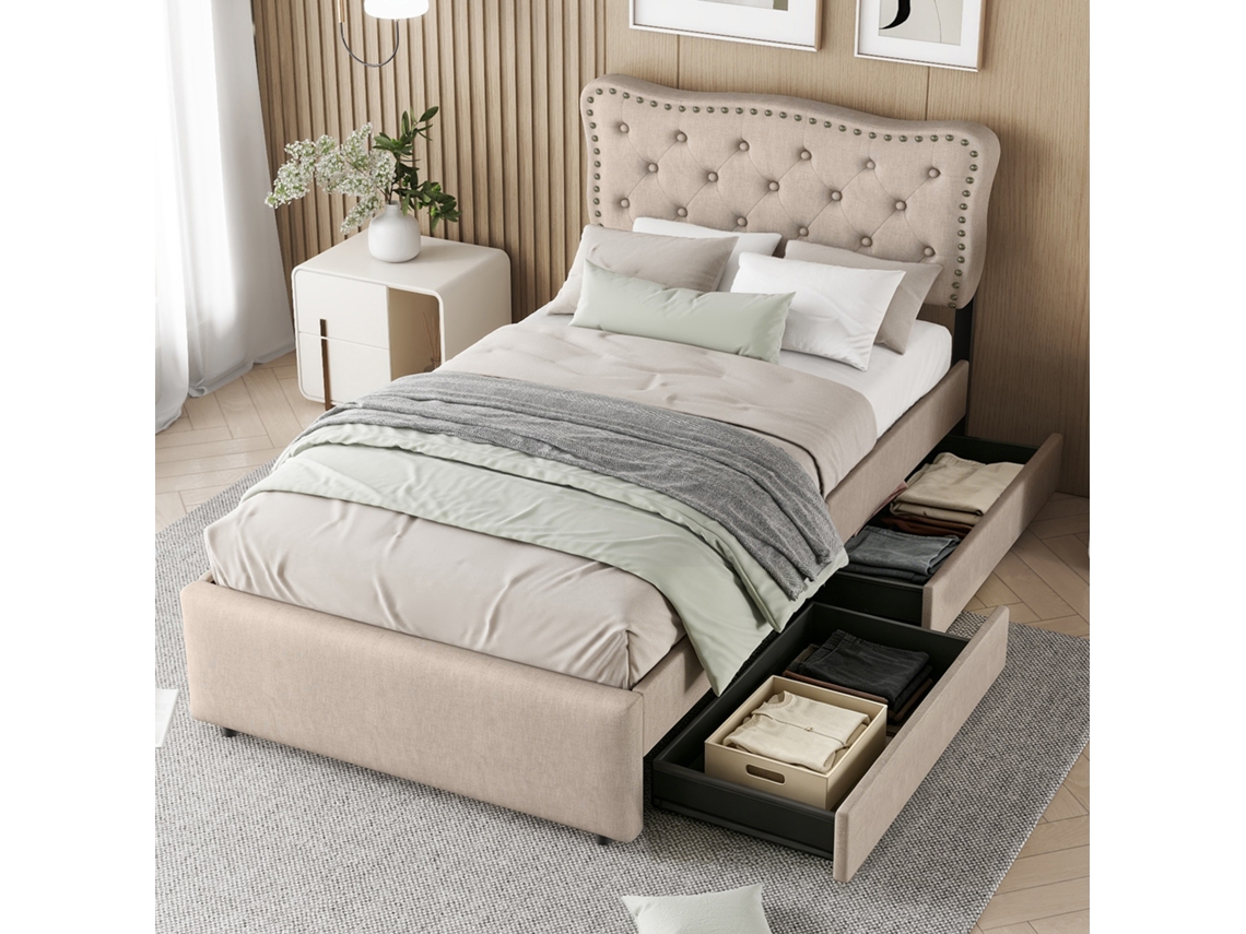 Cama Estofada 90x200 Cm, Bege Escuro, Tachas, 2 Gavetas, Ripas VSOGA
