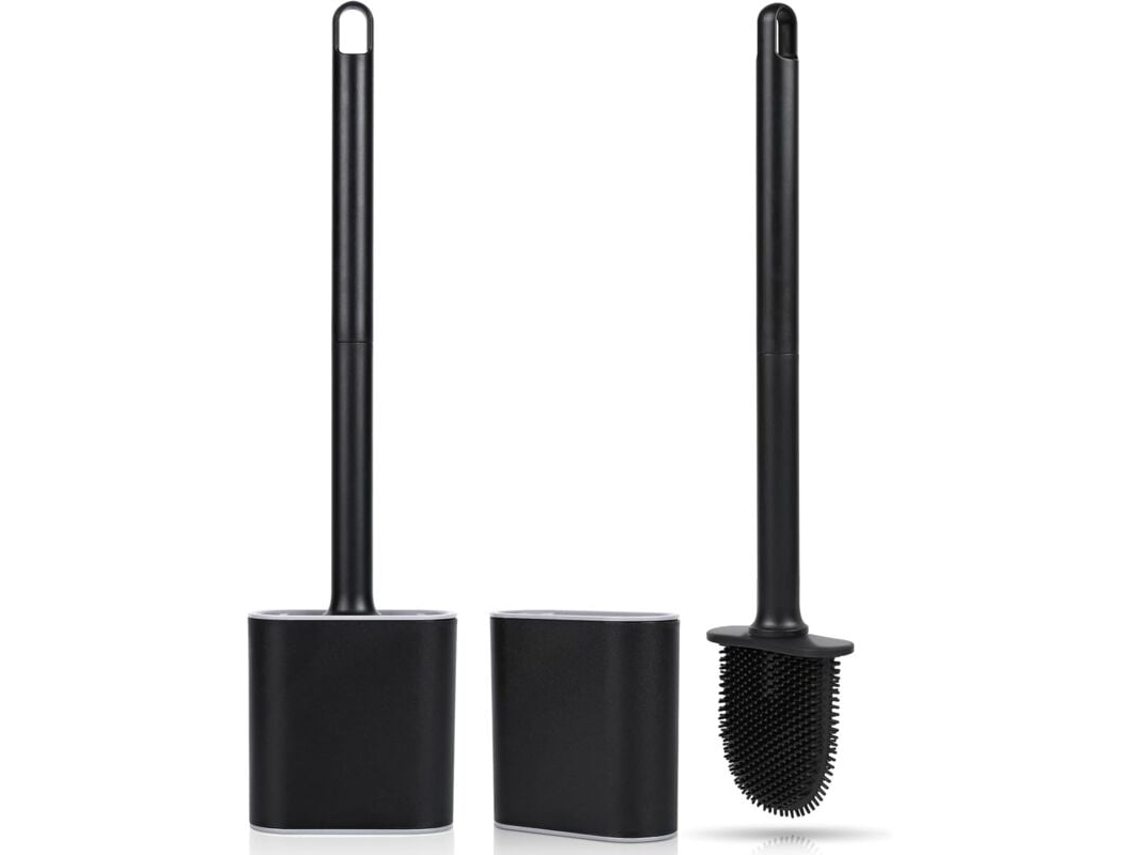 Escova Sanitária Plana de Silicone Antibacteriana, 2 Unidades, para Limpeza de Sanitário, com Fixação no Chão Ou na Parede, Preta AQUAFORGE