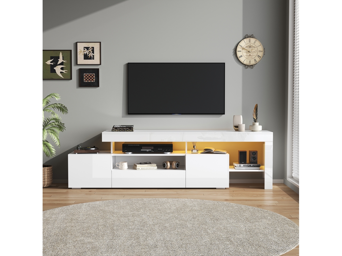Móvel De Tv Com Led E 3 Portas Para Tv Até 85 Polegadas Em Alto Brilho Branco 192x37x53 Cm