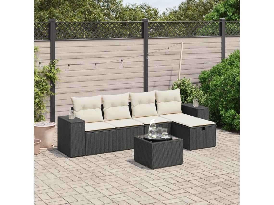 Vidaxl 6 Pcs Conjunto Sofás De Jardim C/ Almofadões Vime Pe Preto