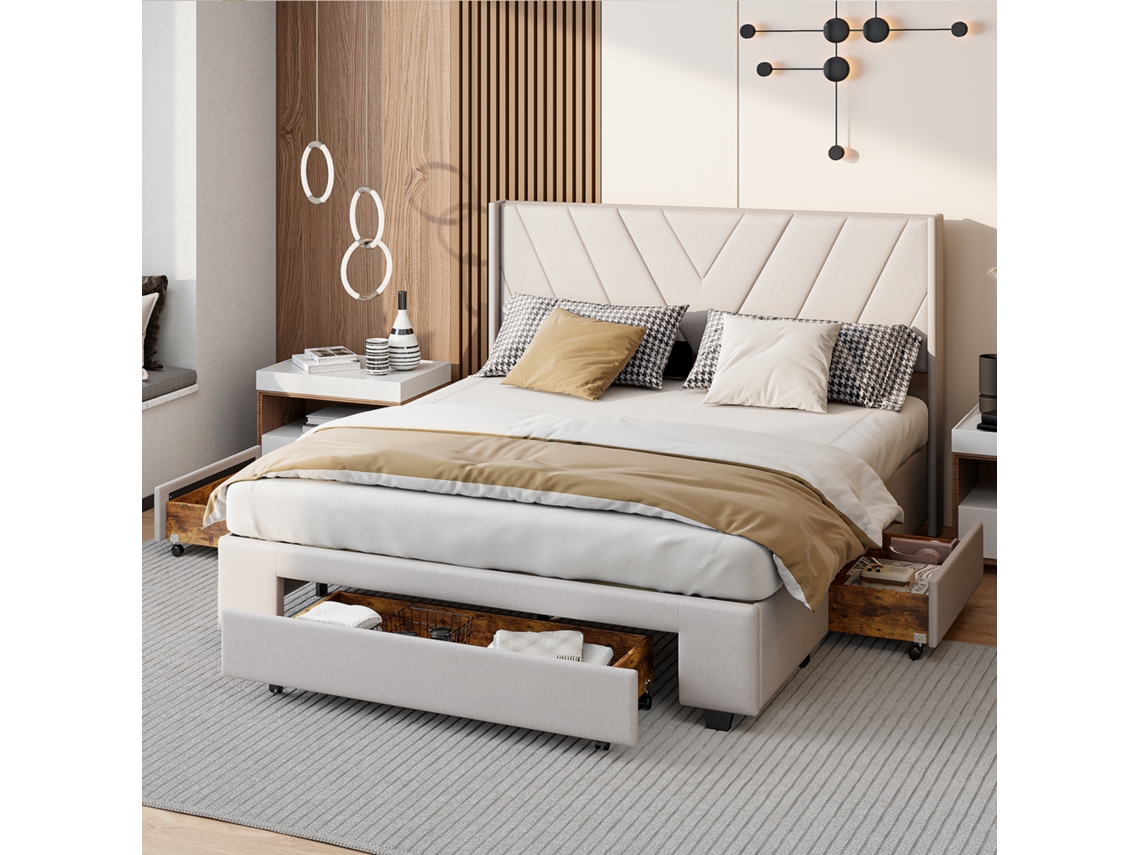 Cama De Casal Grande 160x200cm Com 3 Gavetas, Cama Acolchoada Adulta Com Armazenamento Extra E Cabeceira Larga Em Linho Bege