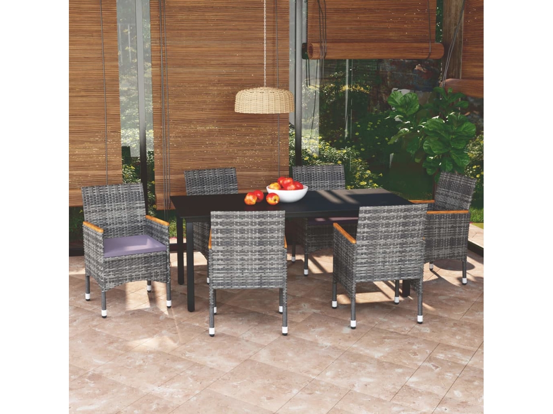 7 Pcs Conjunto De Jantar P/ Jardim C/ Almofadões Vime Pe Cinza Dkd Home Decor