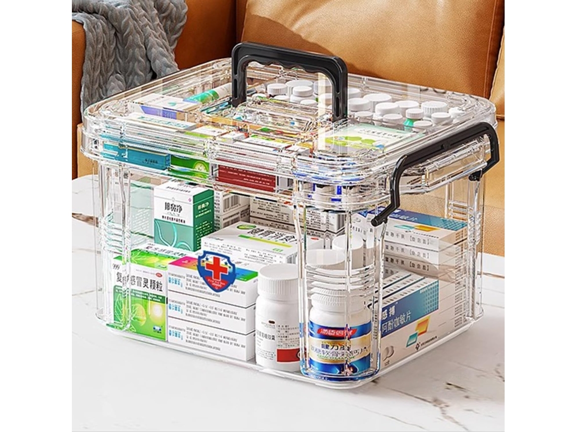 Caixa Para Medicamentos De Uso Doméstico, Caixa De Primeiros Socorros, Caixa De Medicamentos Com Divisórias Duplas, Portátil Com Tampa(transparente