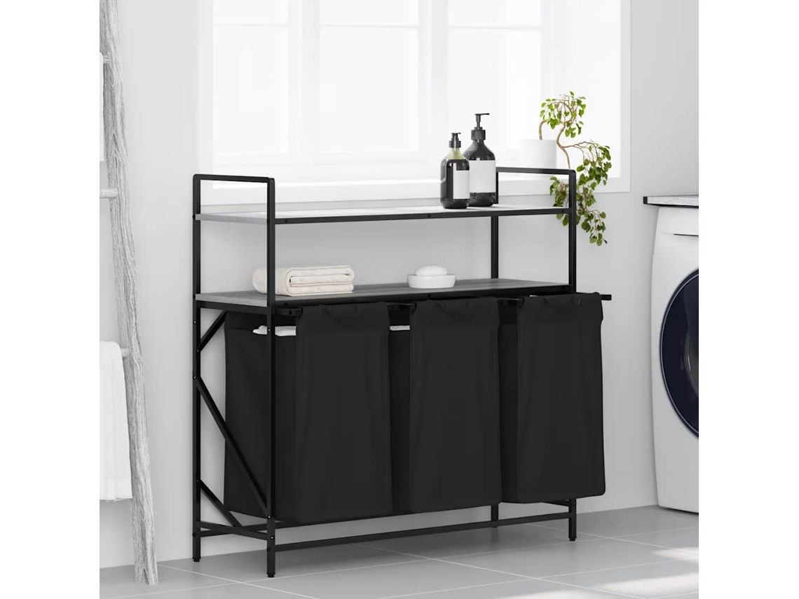 Vidaxl Cesto De Roupa Suja Com 3 Compartimentos E Prateleiras, Cinza, Modelo Sonoma