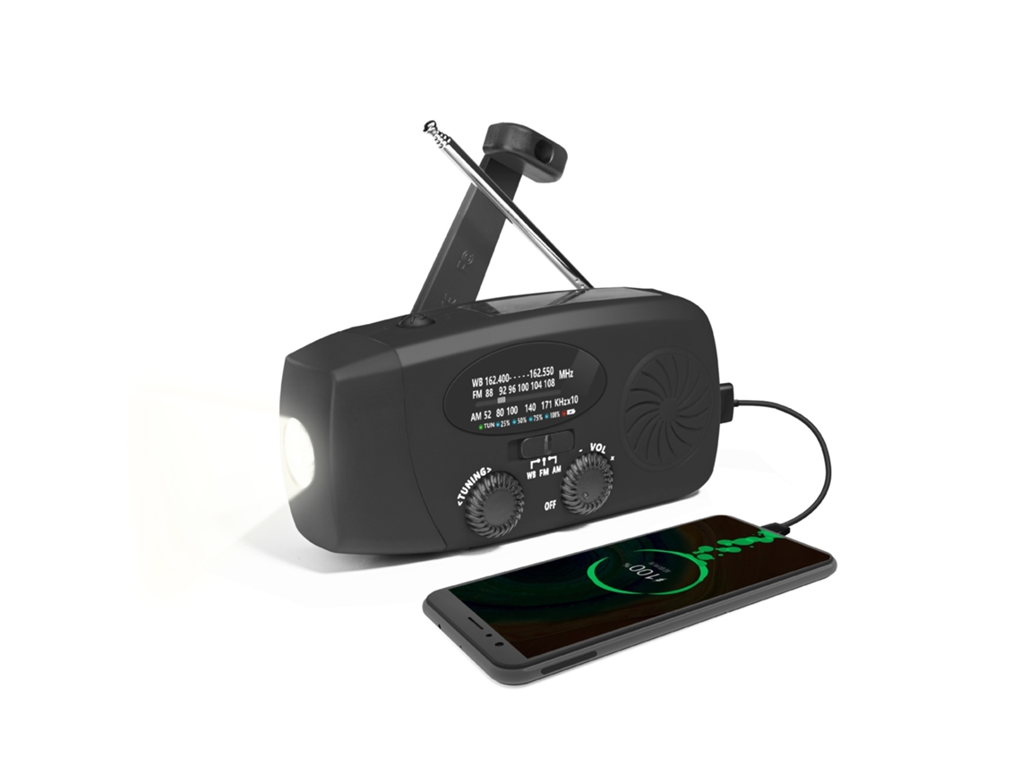 Rádio de emergência AQUAFORGE meteorológico com alarme 4000mah, carregamento solar, manivela, USB, lanterna LED, SOS