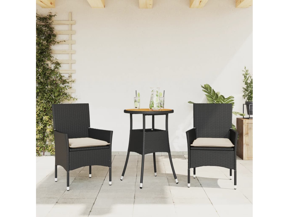 Vidaxl 3 Pcs Conjunto Jantar Jardim C/ Almofadões Vime Pe/acácia Preto