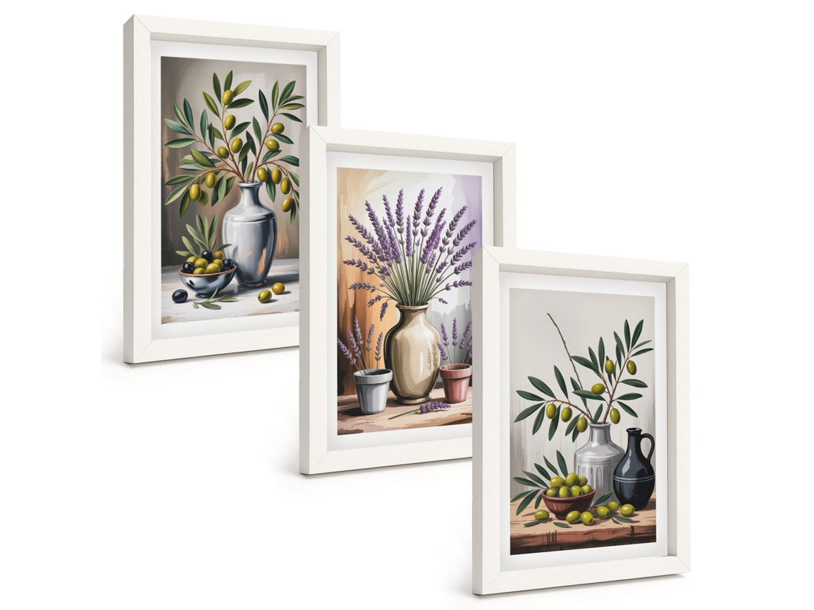 Composição De Quadros Na Parede Flores, Azeitonas Em Vasos, Fundo Moldura Branca Imagens Para Um Quarto Infantil Espelharte (3 Peças 20x30 Cm)