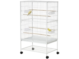 Gaiola Para Pássaros Com Rodas Bandeja Amovível 4 Portas Comedouros E Prateleira De Armazenamento 78x52x132cm Branco