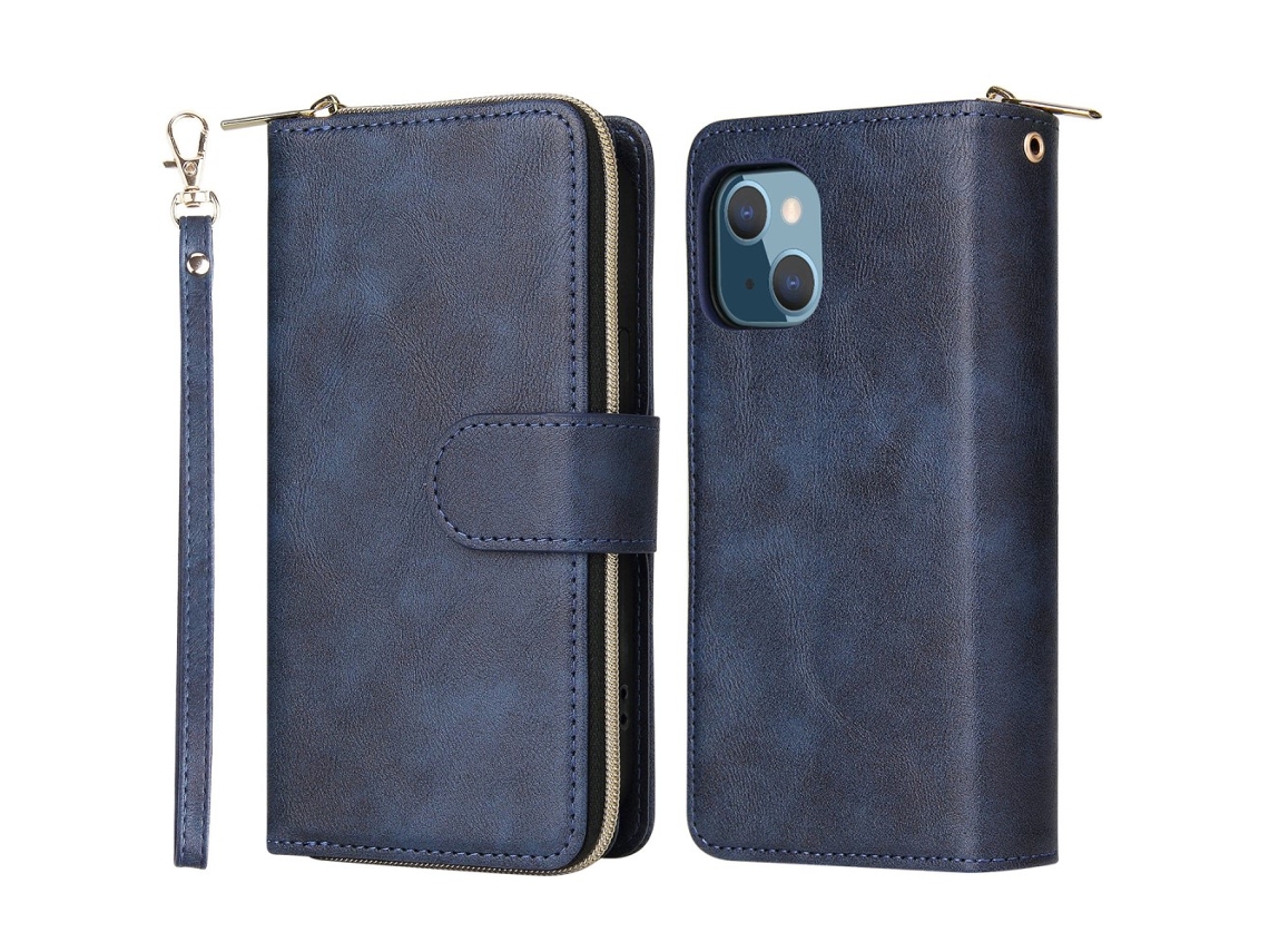 Capa Inch Para Iphone 13 Mini Pele Sintética Anti-choque Magnética Com Porta-cartões Azul
