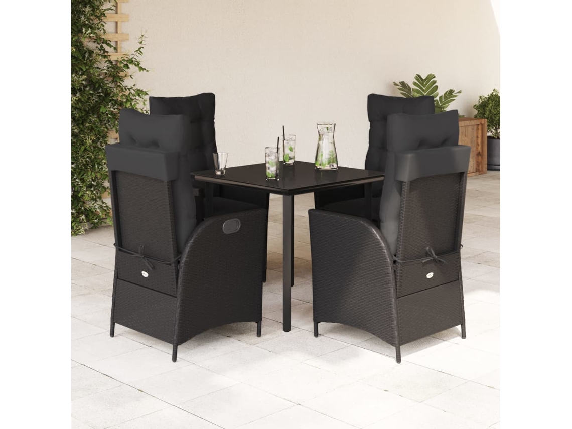 Vidaxl 5 Pcs Conjunto De Jantar P/ Jardim C/ Almofadões Vime Pe Preto