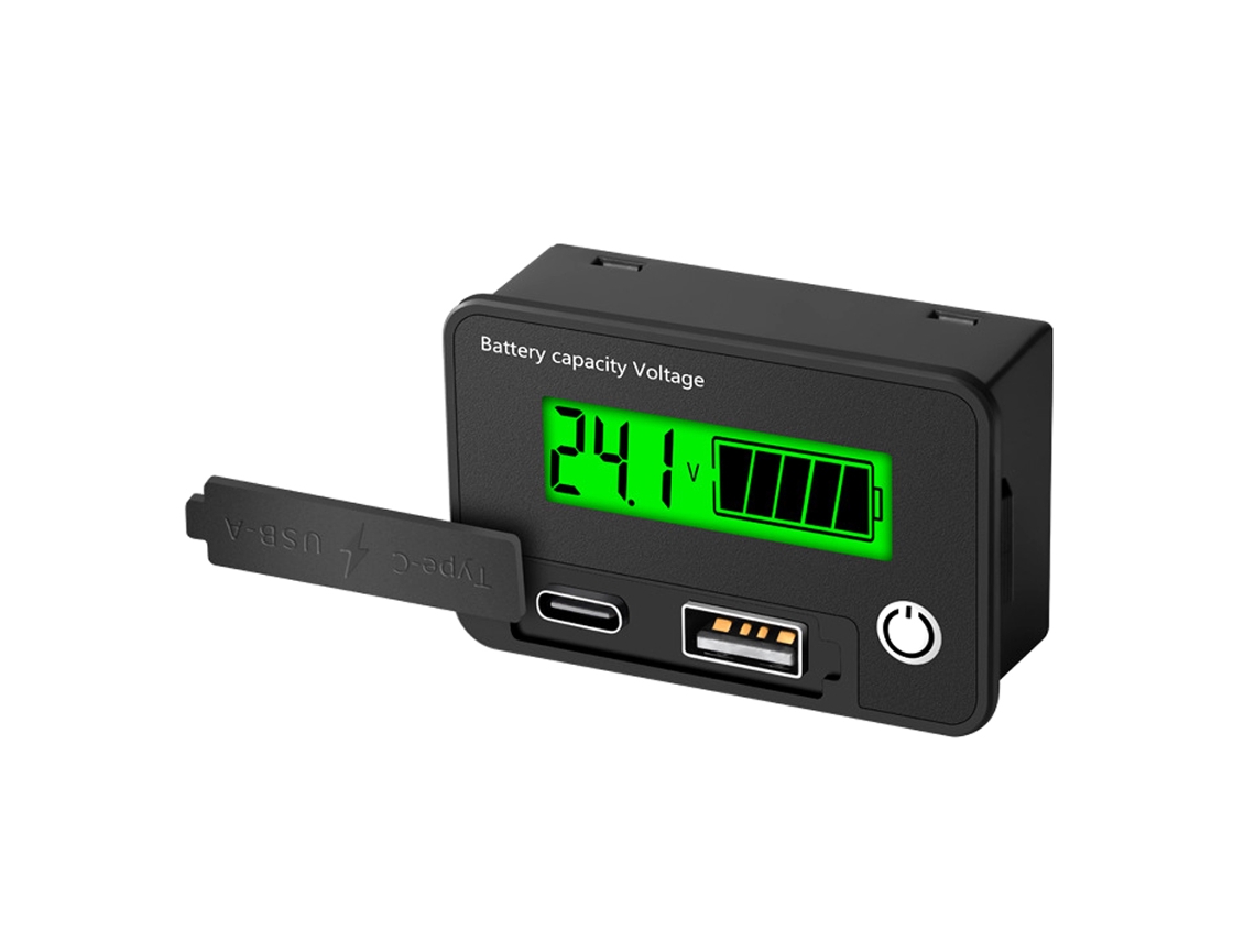 Testador de capacidade de bateria com voltímetro digital de 8 a 30 VCC e alarme de baixa tensão.