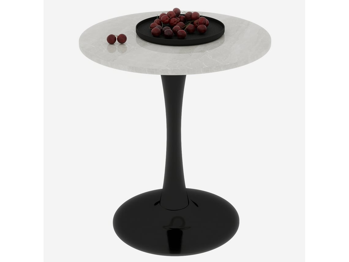 Mesa De Centro Preta De 70cm (27,6 Polegadas), Com Tampo Redondo De Mármore, Com Veios Brancos