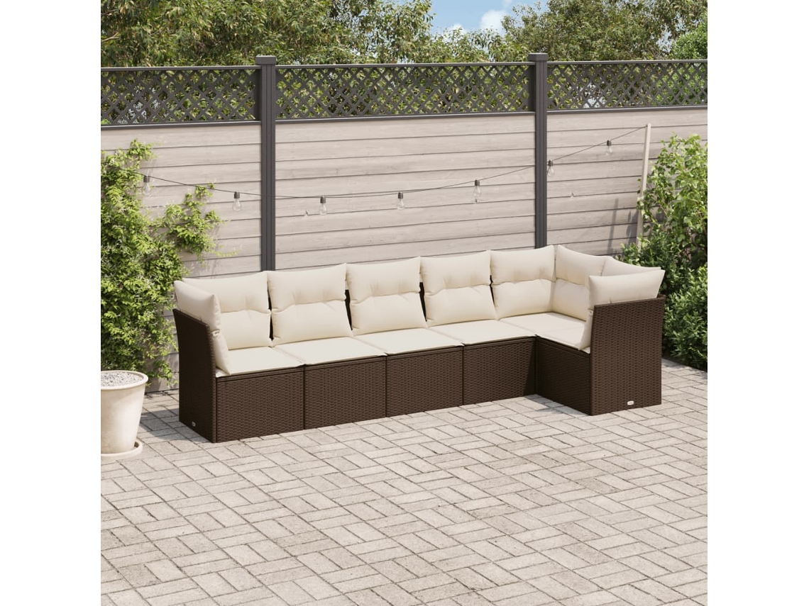 6 Pcs Conjunto De Sofá Jardim C/ Almofadões Vime Pe Marrom Dkd Home Decor