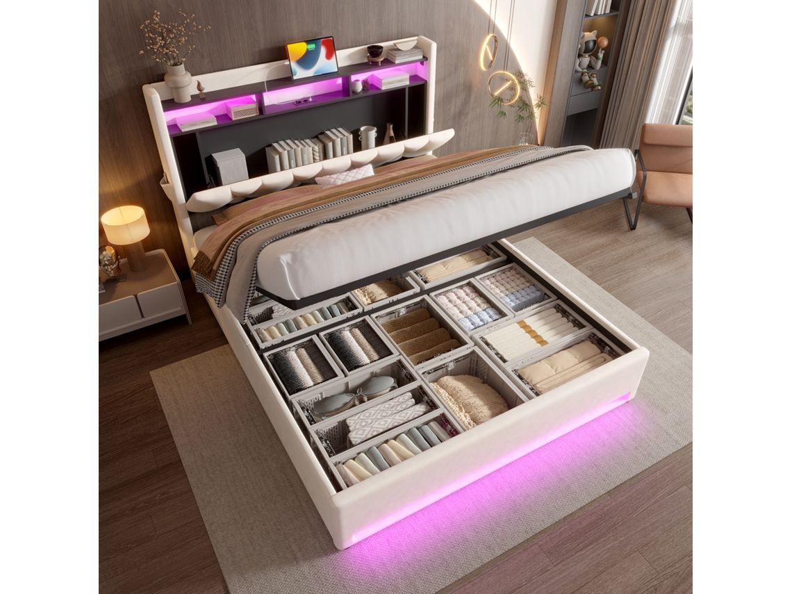 Cama Casal Bege 160x200cm Estofada, Led, Usb-c, Hidráulica, Ripas (s/ Colchão). -op