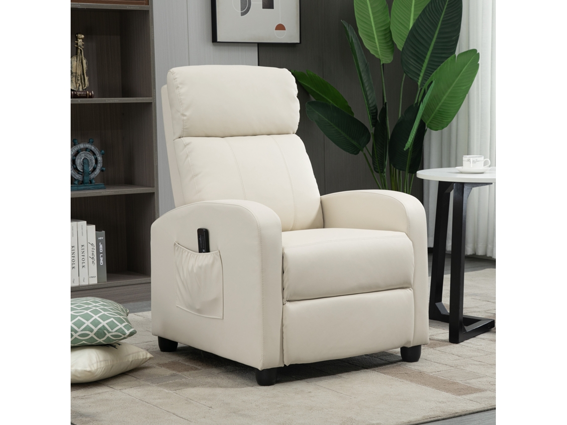 Poltrona de Massagem Reclinável com Controle Remoto, Bolso Lateral e Temporizador, Estofada em Pu, 68x88x98 Cm, Creme