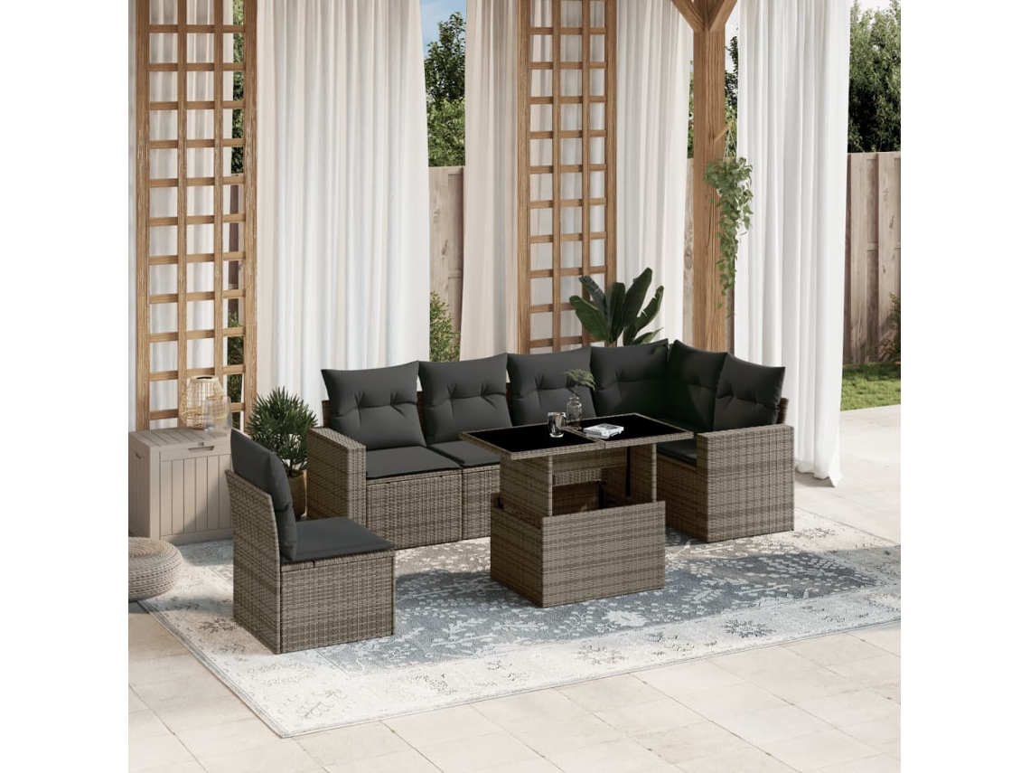 Vidaxl 7 Pcs Conjunto Sofás P/ Jardim C/ Almofadões Vime Pe Cinzento