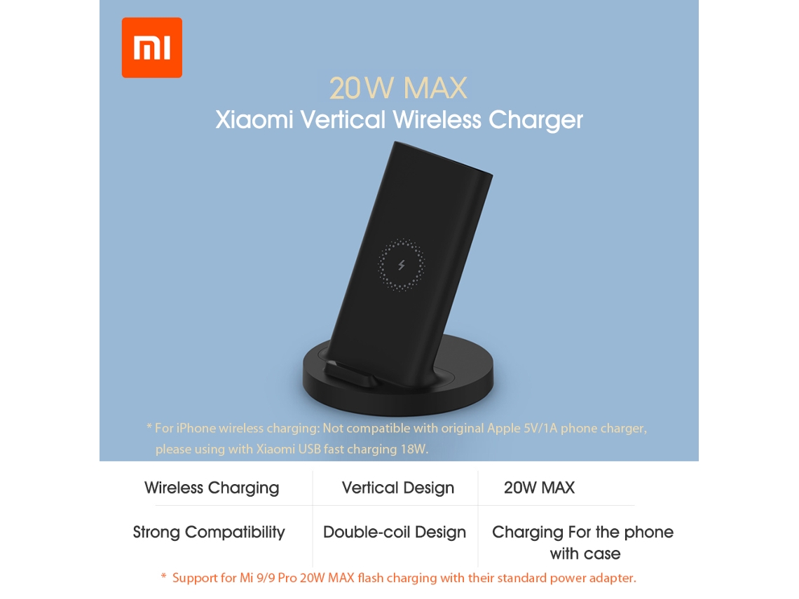 Mali carregador Sem Fio Vertical Xiaomi 20w Max com Flash Charging Qi Compatível para Iphone Samsung Mi 9 Mix 2s