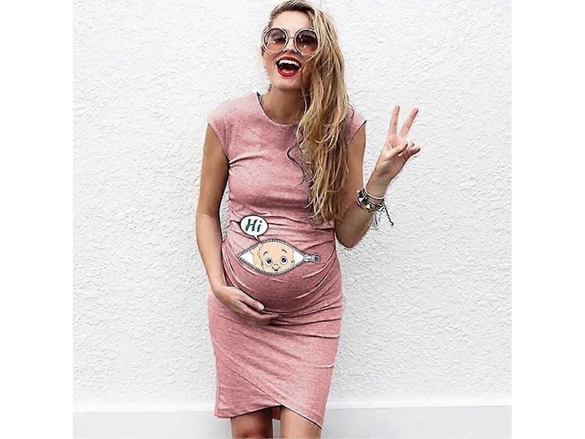 Vestido Maternidad Casual Suelto Plus Size Con Estampado De Cartoons Y Letras Para Embarazadas Rosa S