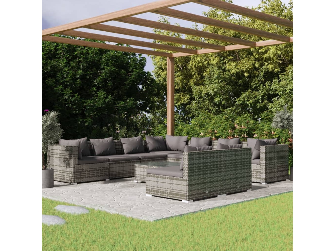 Vidaxl 10 Pcs Conjunto Lounge De Jardim C/ Almofadões Vime Pe Cinzento