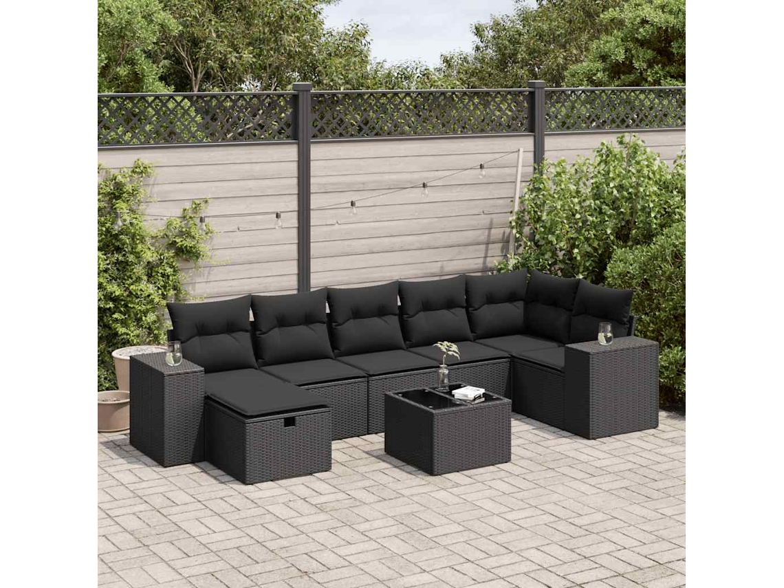 Vidaxl 8 Pcs Conjunto Sofás De Jardim Com Almofadões Vime Pe Preto
