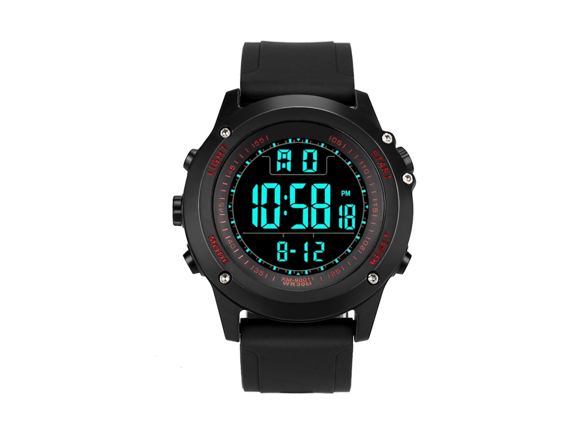 Relógio esportivo eletrônico masculino com pulseira de silicone e visor digital, vermelho.