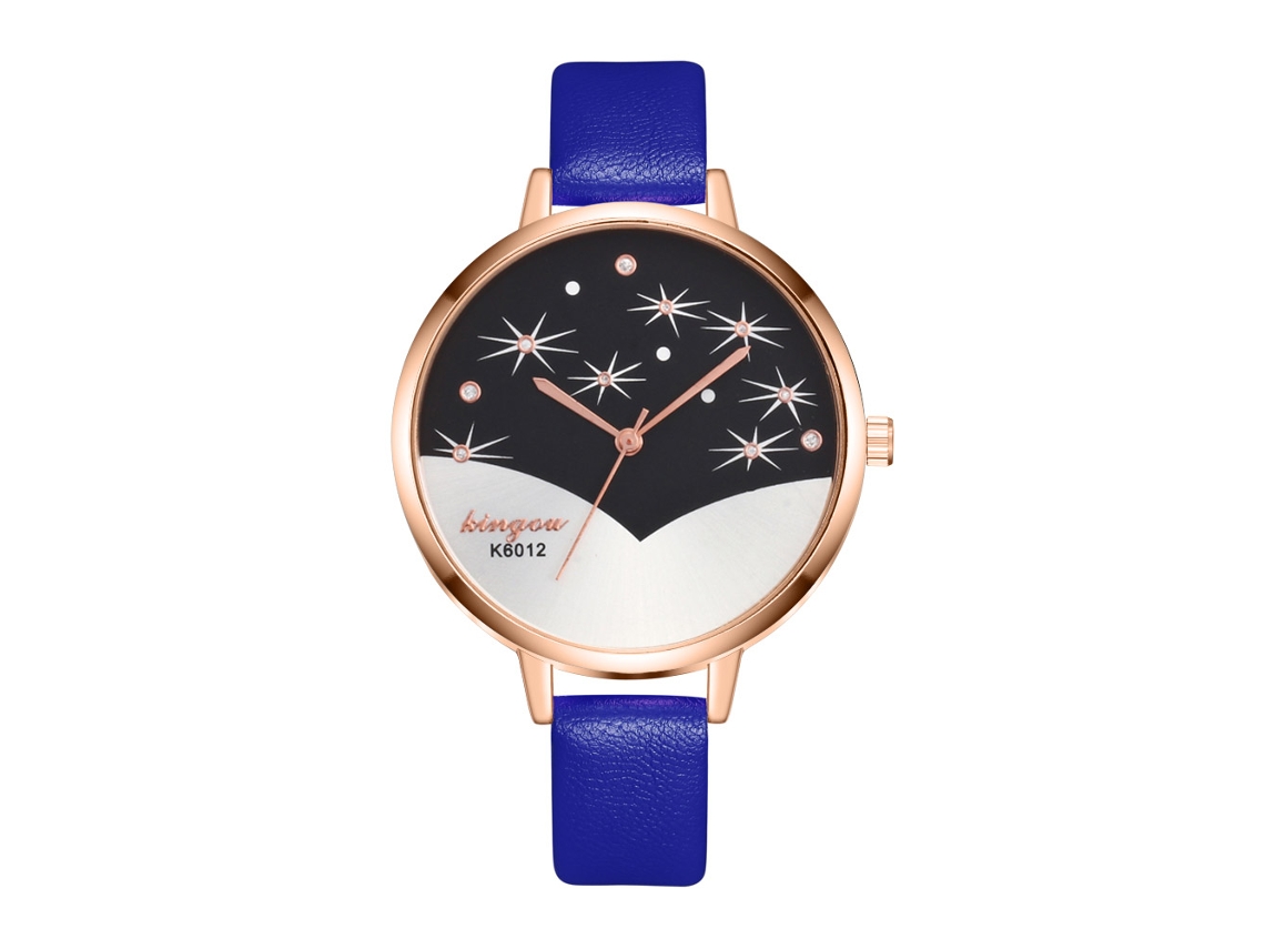 Relógio de Pulso Feminino de Quartzo com Pulseira de Couro Pu Estilo Simples Azul