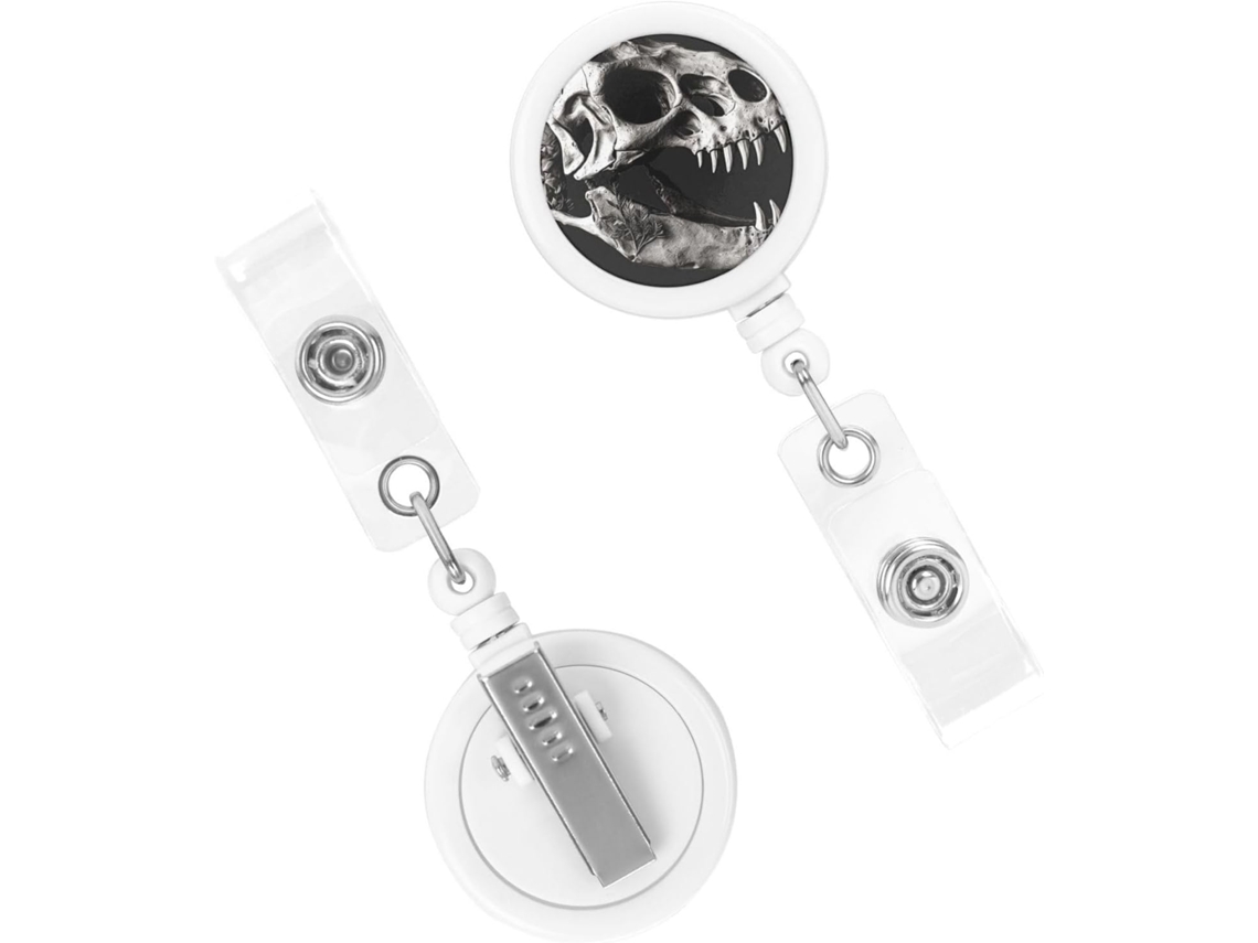 Porta Crachá Retrátil Resistente, Com Espiral Em Formato De Caveira Dinossauro Preto E Branco, Clipes De Chaveiro