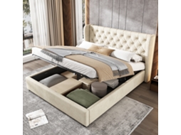 Cama De Casal 140x200 Veludo Bege Com Armário Hidráulica Anti-manchas
