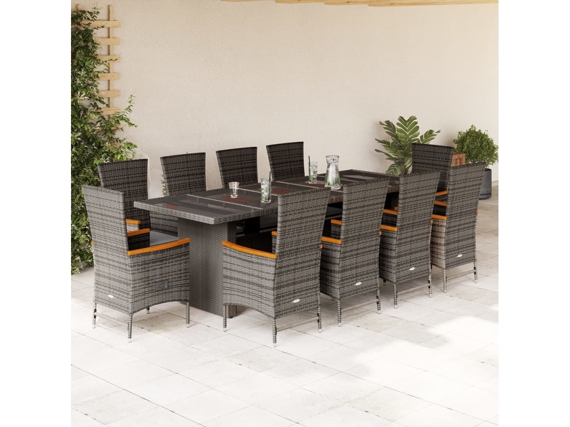 Vidaxl 11 Pcs Conjunto Jantar P/ Jardim C/ Almofadões Vime Pe Cinzento