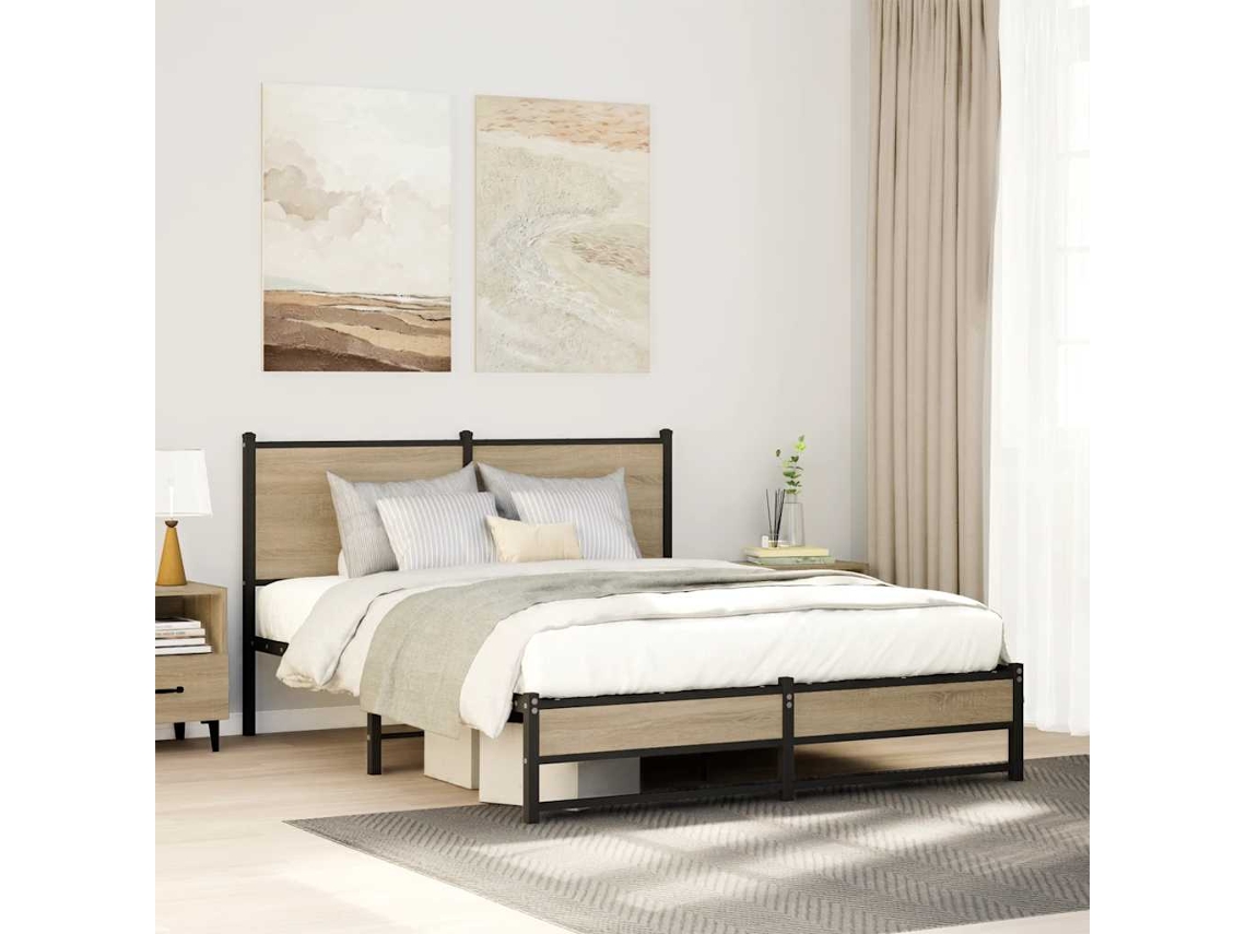Cama De Casal | Camas Para Quarto | Estrutura De Cama Sem Colchão 150x200cm Metal Carvalho Sonoma