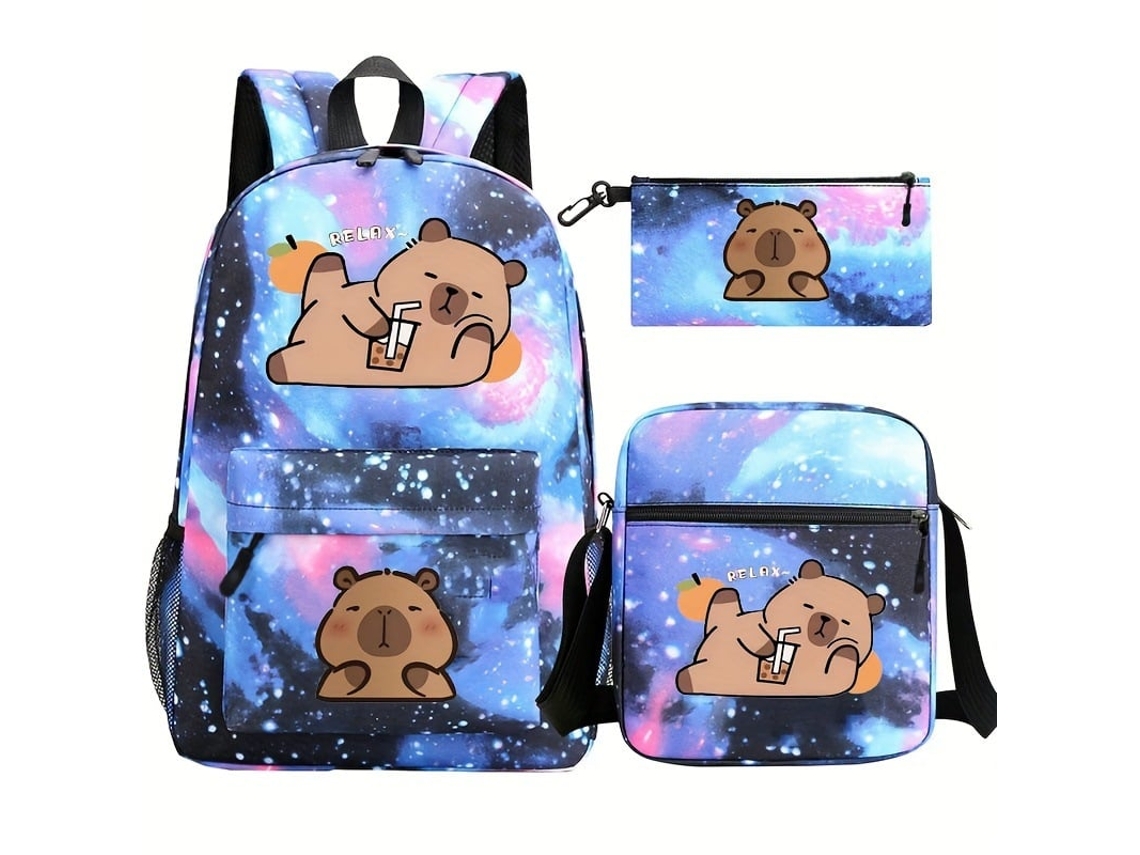 Mochila Escolar de Grande Capacidade Capybara, com 3 Peças, Lancheira e Estojo M03 BRILVIBERA