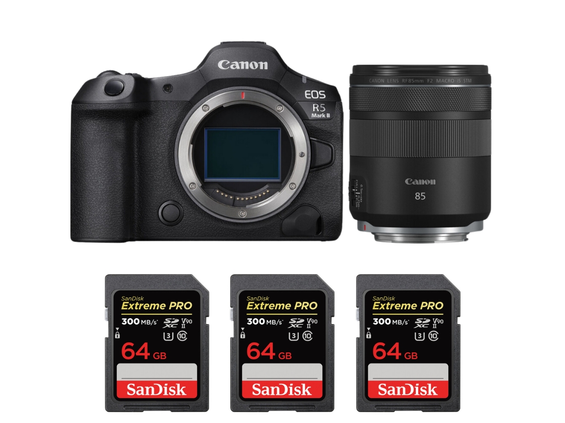 Eos R5 Mark Ii + Rf 85mm F/2 Macro Is Stm + 3 Sandisk 64gb Uhs ii 300mb/s + Ebook “20 Dicas para Fotos Que Impressionam” CANON