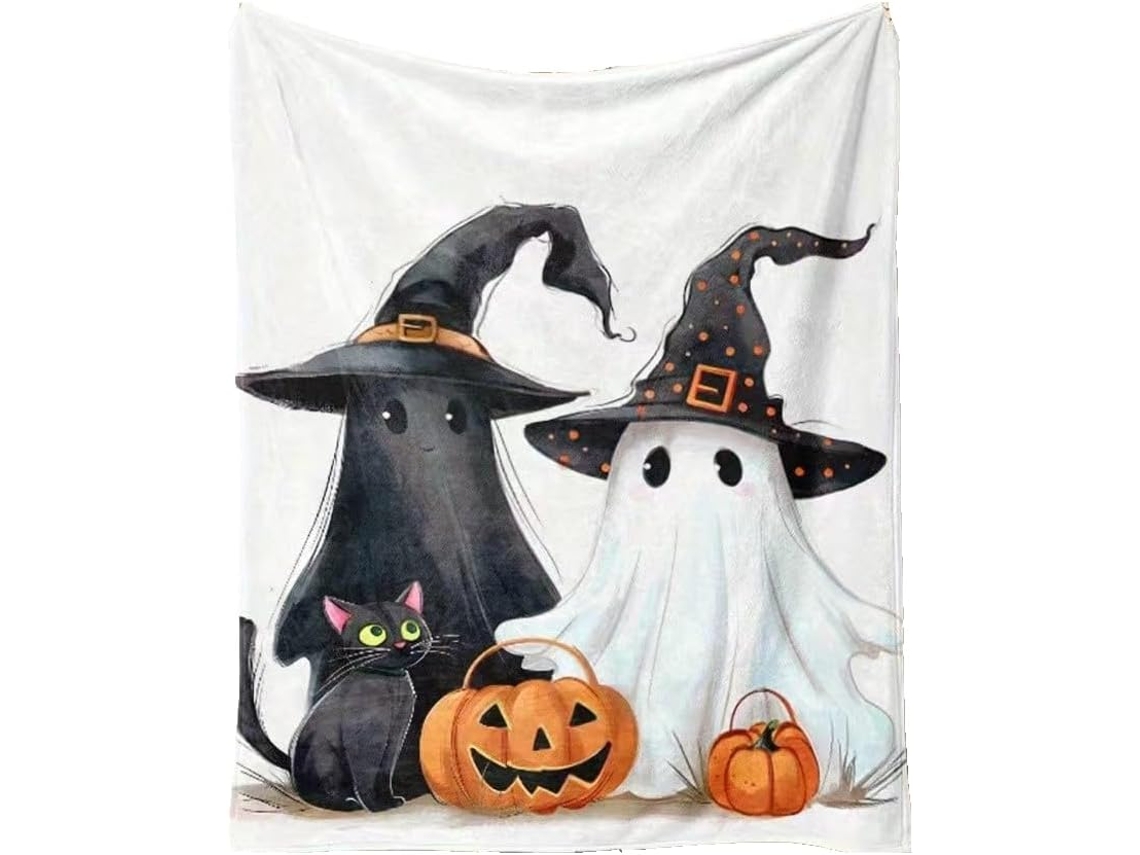 Manta Syjym de Halloween com Estampa Fantasmas e Abóboras Macia Felpuda Perfeita para Decoração Casa Sofá Cama